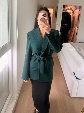 Zara Emerald Dark Green Belted Oversized Blazer Jacket XS 2296/707/501